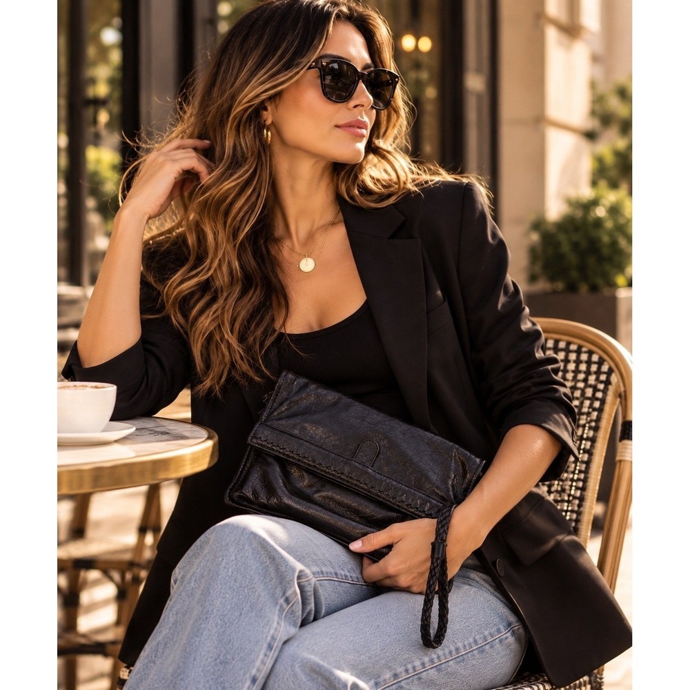 HOBO Black Genuine Leather Foldover Clutch Wristlet Handbag Dust Bag Women